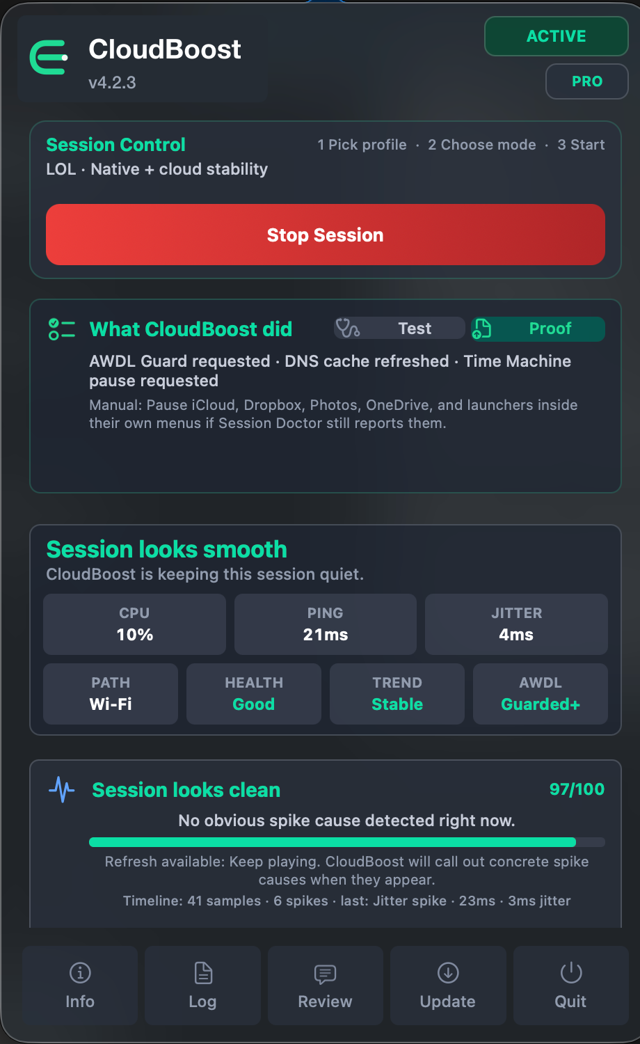 CloudBoost 4.2 showing a real live Mac gaming session and spike timeline