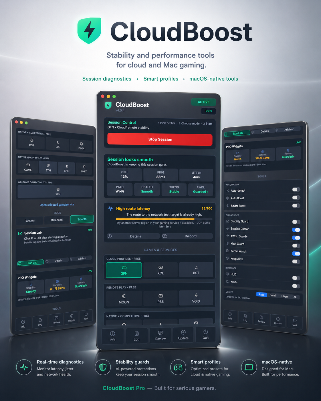 CloudBoost app showing macOS gaming session diagnostics