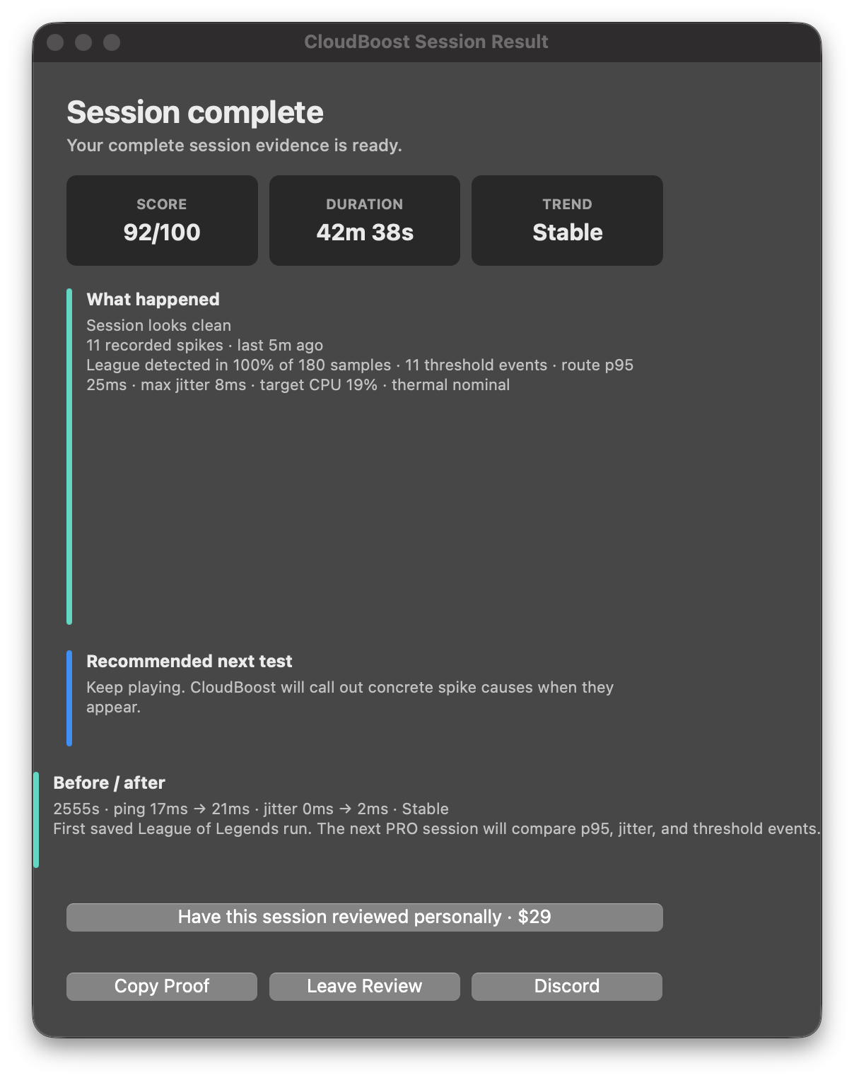 CloudBoost Session Result for a 42-minute League of Legends session on macOS